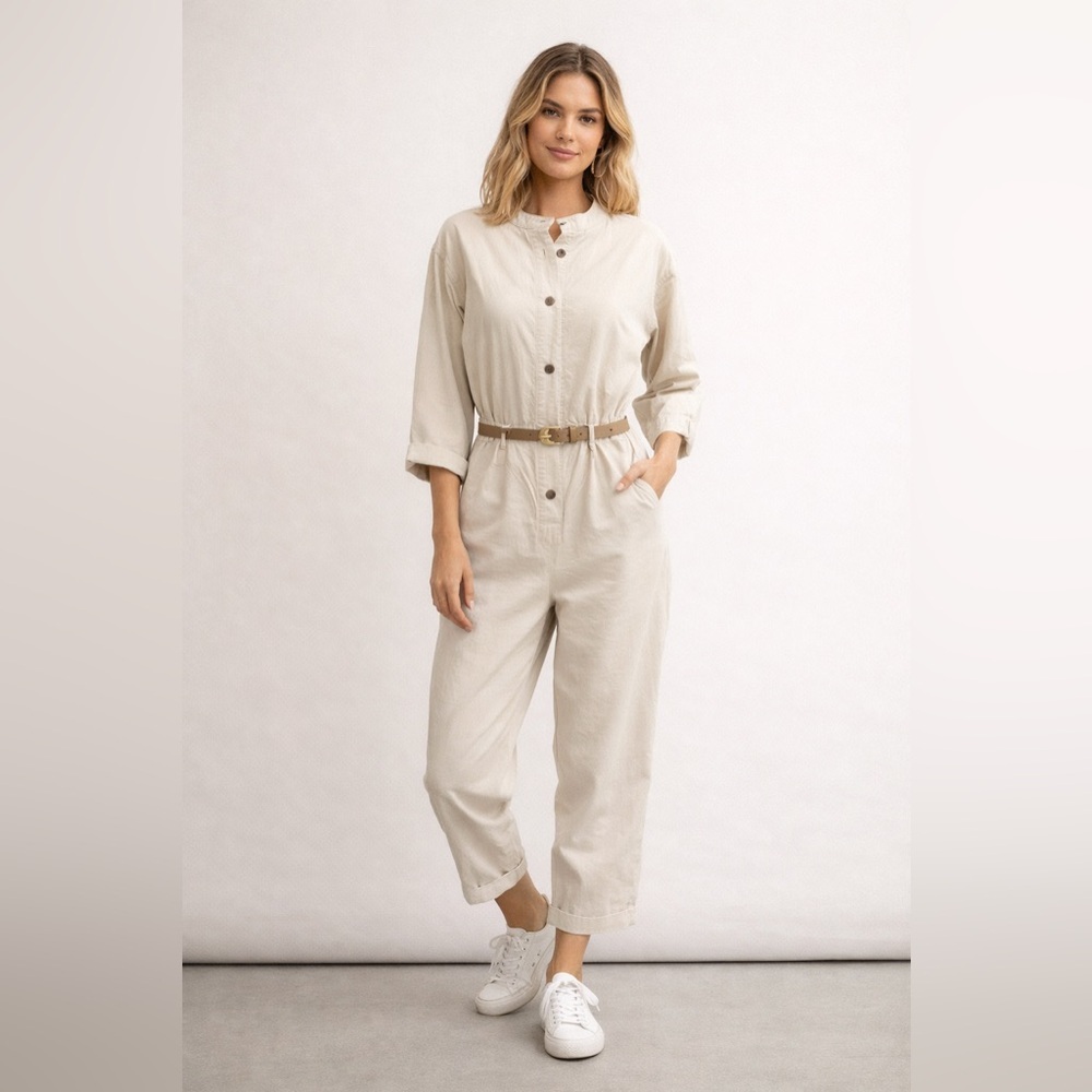 Beige Utility Jumpsuit Button Front Drawstring Waist Cropped Pockets Womens M - Picture 1 of 9